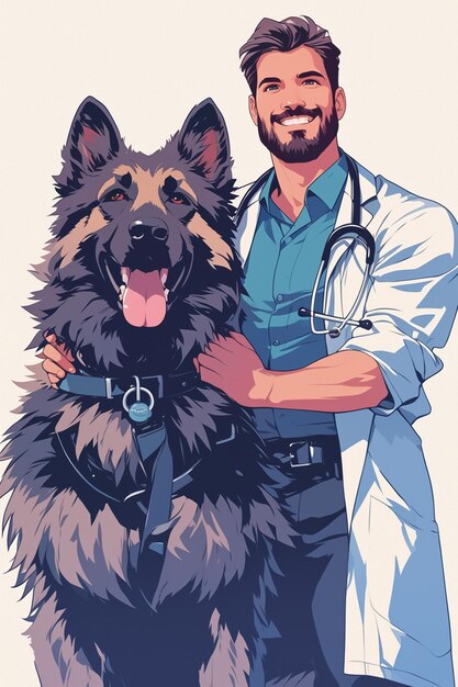 Vector native american male veterinarian in his 30s examining a dog