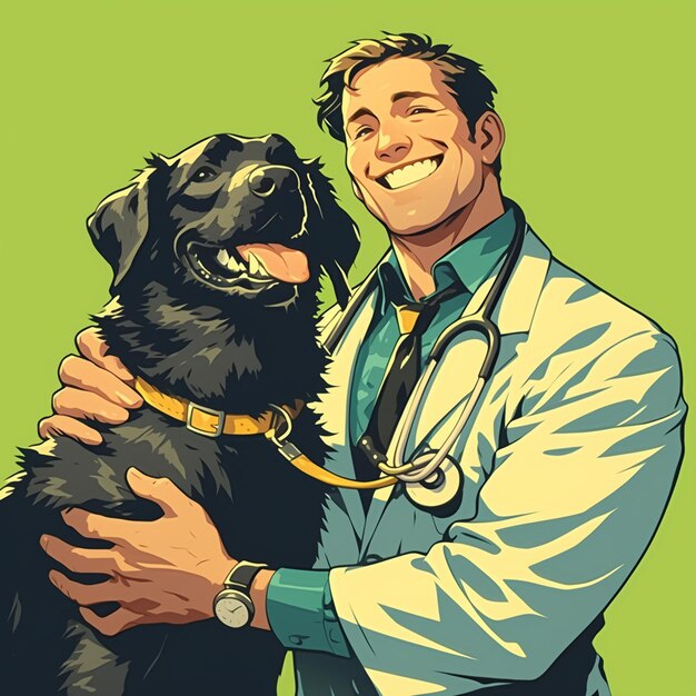 Vector native american male veterinarian in his 30s examining a dog