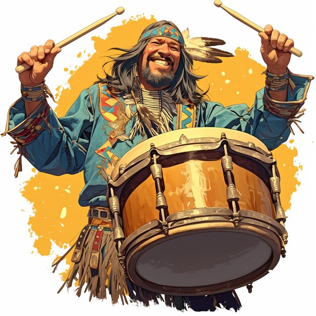 Vector native american man in his 30s doing a drum circle