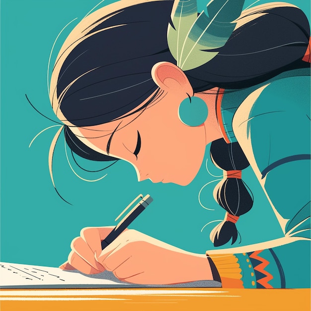 Vector native american woman in her teens writing poetry