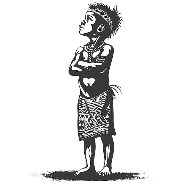 native australian tribe little boy full body with engraving style black color only