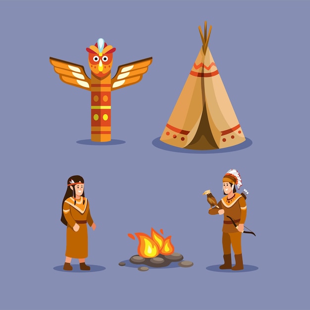 Native Indian american people ethnic symbol set