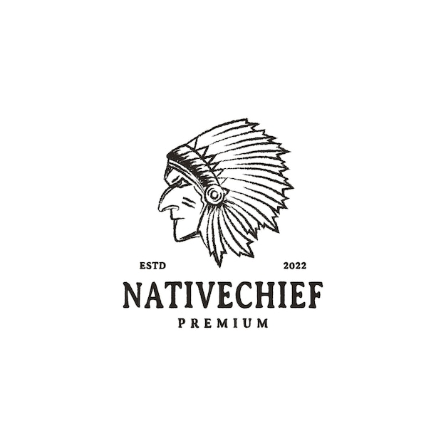 Native indian chief headdress vintage logo design illustration with line art style 2