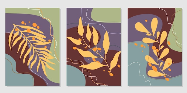 natural abstract wall decor design set. background with leaf silhouette scribble