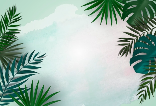 Natural Background with Tropical Palm and Monstera Leaves