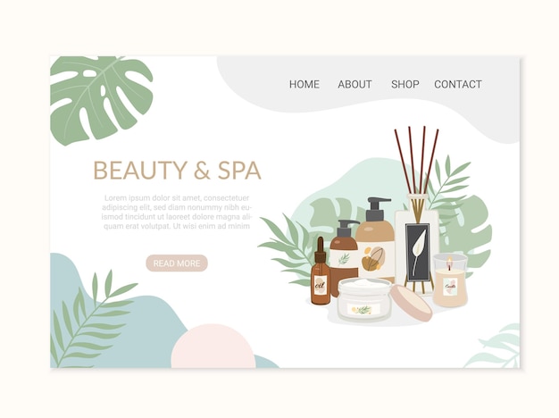 Natural beauty products decorated with tropical leaves website template. Skincare beauty and spa