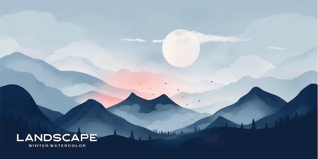 Natural blue mountain landscape Abstract contemporary aesthetic backgrounds landscapes with mountains hill and red moon vector illustrations