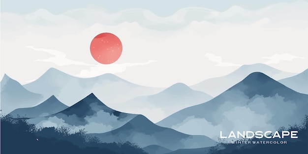 Natural blue mountain landscape Abstract contemporary aesthetic backgrounds landscapes with mountains hill and red moon vector illustrations