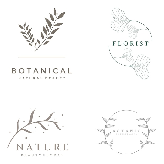 Natural botanical logo organic template vector design with leaves flowers stems With minimalist outline elegantSuitable for beauty badgewedding and business