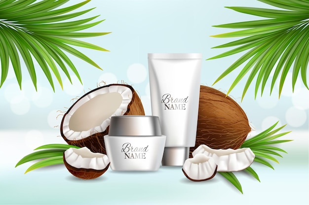 Natural coconut cosmetics vector advertising poster template