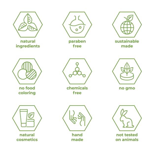 Natural cosmetic line badge Bio and eco marking on packaging labels with information about ingredients and testing product on animals Vector paraben and chemicals free symbols set