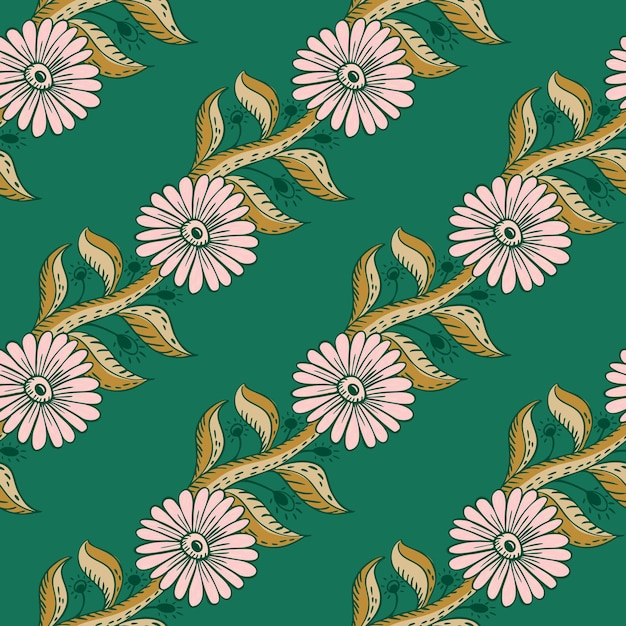 Natural diagonal pink sunflowers print seamless pattern. Bright turquoise background. Garden print. Graphic design for wrapping paper and fabric textures. Vector Illustration.