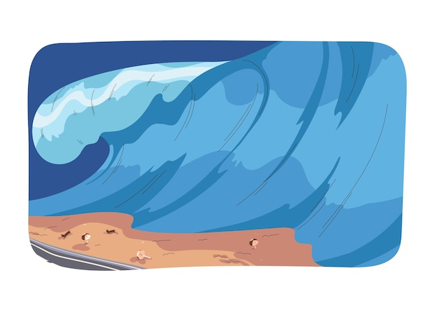 Natural disaster Big wave move to beach huge tide drop to shore surge on sand seashore Extreme seascape Earthquake on water Dangerous nature power Seismic activity flat vector illustration