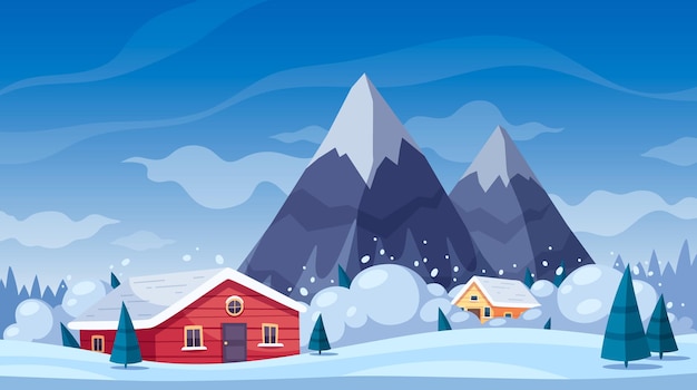 Natural disaster cartoon composition with winter landscape and mountains with snow avalanche gliding upon living houses