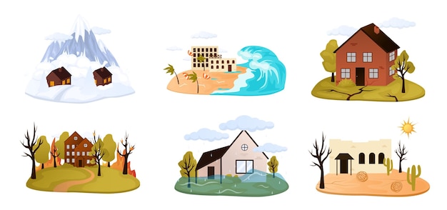 Natural disaster cartoon style set of isolated compositions hurricane environmental crisis in nature