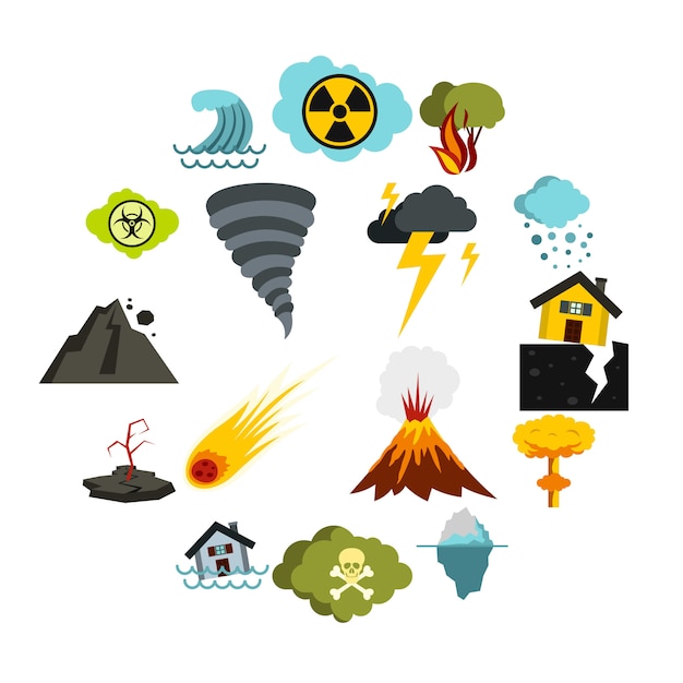 Natural disaster icons set, flat ctyle