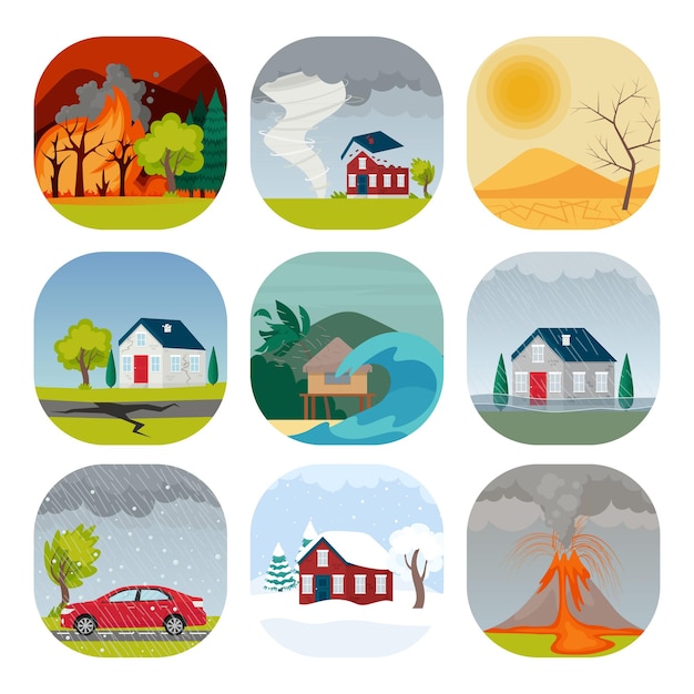 Natural disaster set Vector illustration in cartoon flat style