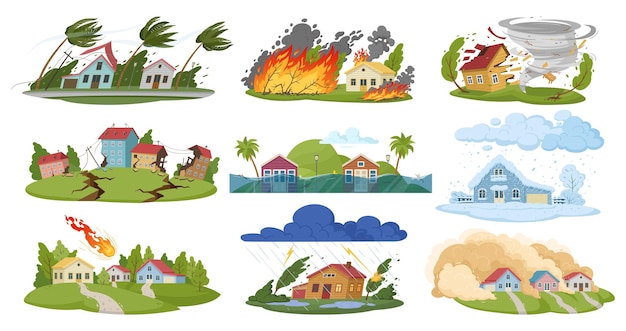 Natural disasters cartoon damage catastrophe cataclysms Hurricane forest fire flooding earthquake and snow blizzard flat vector illustration set Earth damage disaster collection