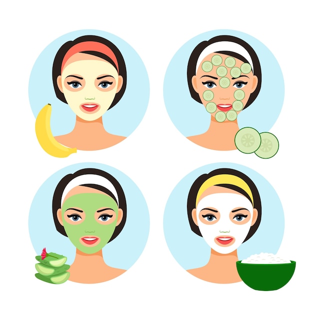 Vector natural facial masks. homemade cosmetics facial mask set for cartoon cute girl face   illustration