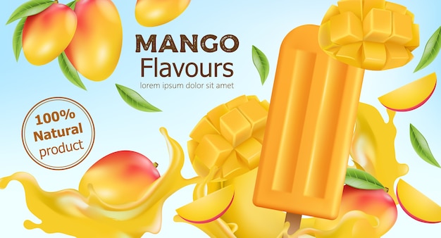 Vector natural flavoured mango popsicle surrounded by whole and sliced fruit and flowing juice. place for text. realistic 