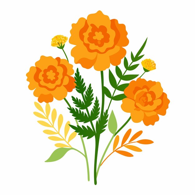 Vector a natural floral composition featuring vibrant orange marigolds and tender fern fronds orange vector illustration