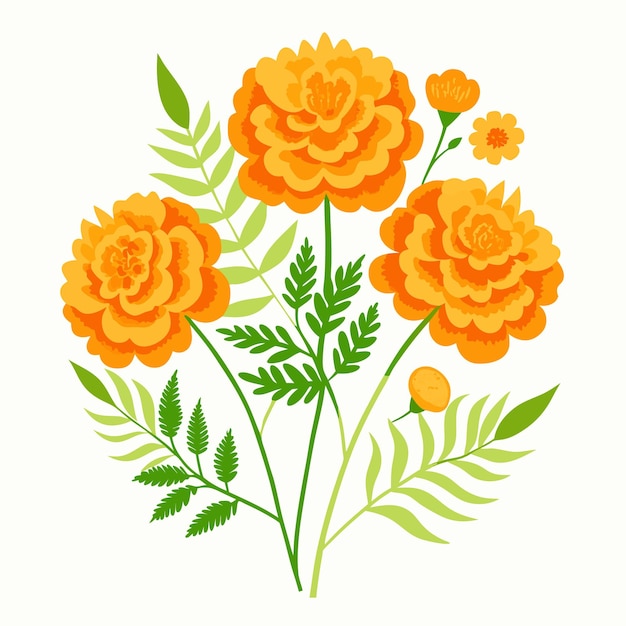 Vector a natural floral composition featuring vibrant orange marigolds and tender fern fronds orange vector illustration