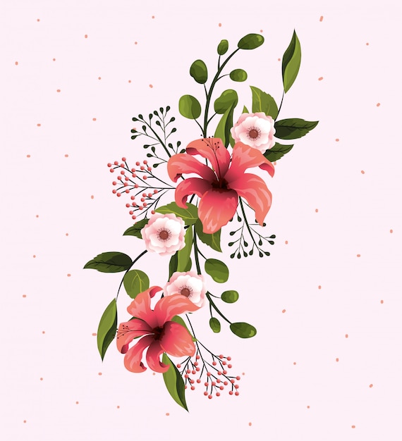 Vector natural flowers with petals and branches leaves