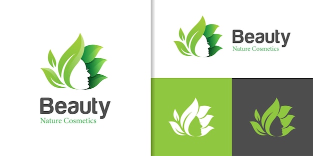 Natural green beauty face logo design with leaf icon symbol element design