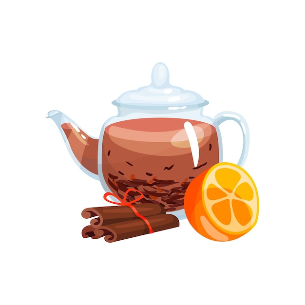 Natural green herbal tea in a glass transparent teapot with fresh orange friut and cinnamon vector Illustration