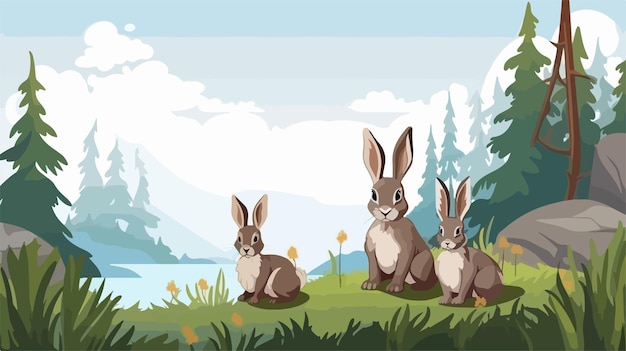 Vector natural habitat with rabbits realistic vector landscape