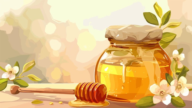 Natural Honey in a Glass Jar with a Wooden Dipper