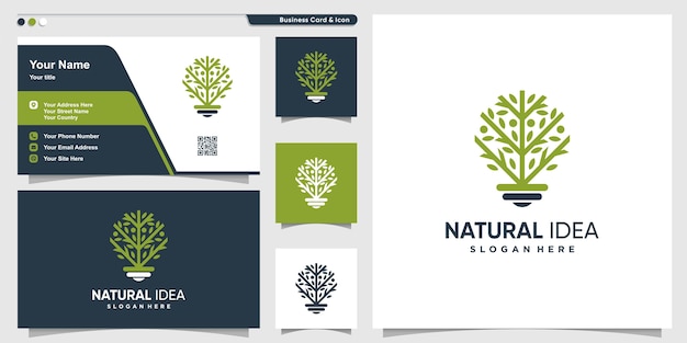 Natural idea tree logo with line art style and business card design template, tree, idea, smart 