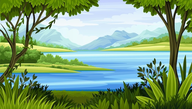 Natural landscape banner Panoramic beautiful lake and forest Trees and river with blue skies and mountains in background Horizontal tropics with water and grass Cartoon flat vector illustration