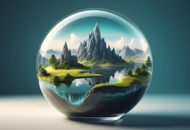 Vector natural landscape in the foggy hills in lensball