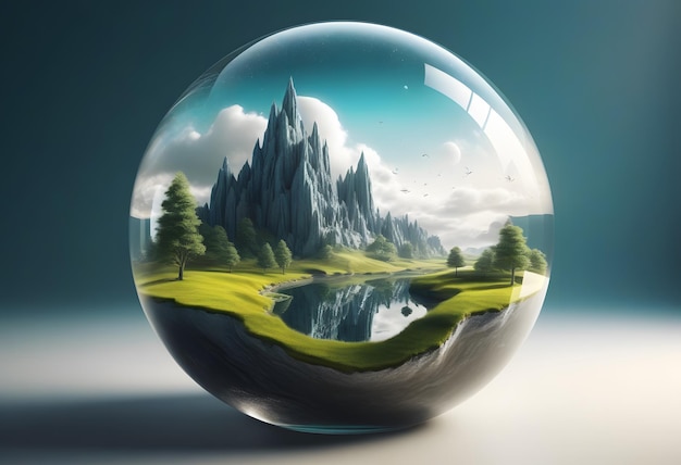 Vector natural landscape in the foggy hills in lensball