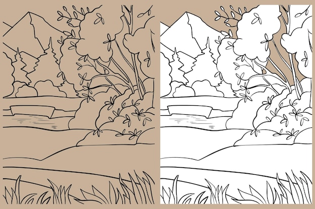 Natural landscape forest river mountains vector black and white drawing. For coloring books