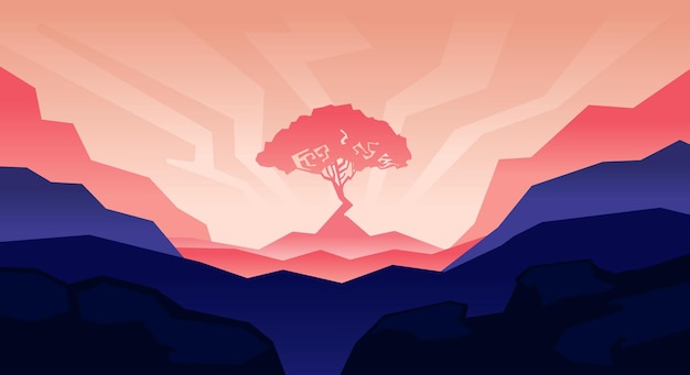 Natural landscape of silhouetted hills, tree and sky, with gradient purple and pink background