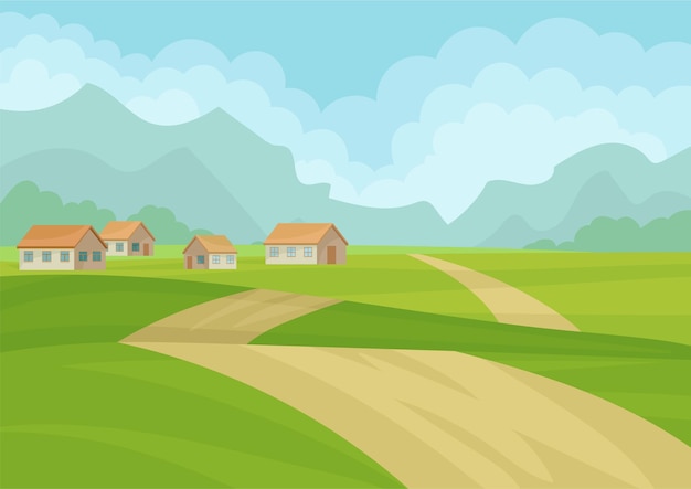 Natural landscape with houses ground road green meadows and mountains on background flat vector