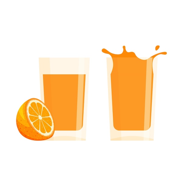 Natural orange juice with splash in a glass. Fresh squeezed juice with half of citrus fruit.