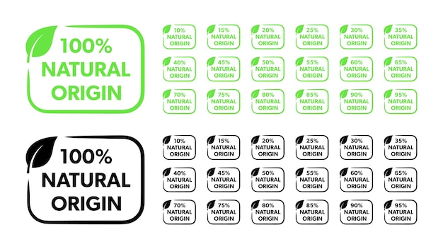 Vector natural origin labels with green leaves on a white background