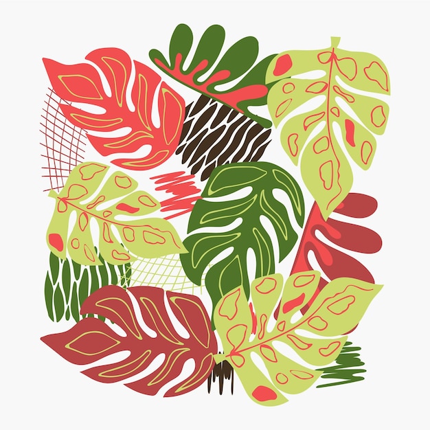 Natural pattern monstera leaf abstract shapes and leaves on a brown background Hand drawing