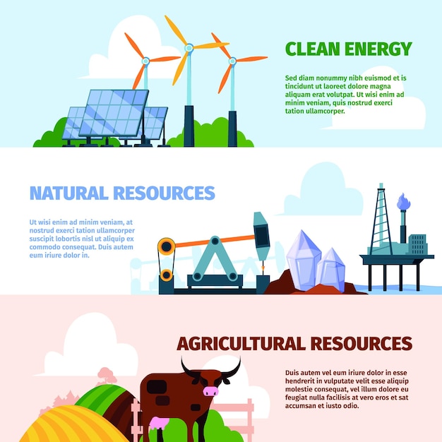 Natural resources banners Eco friendly environment with natural resources oil water energy power plant gas and water minerals garish vector template for print design projects