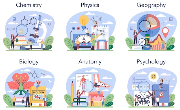 Natural school subject or educational class set. Student studying natural science. Biology, chemistry, physics, geography. Modern school education system. Isolated flat vector illustration