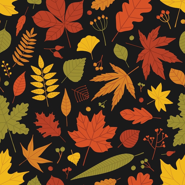 Natural seamless pattern with fallen leaves and berries scattered on black background. Bright colored autumn backdrop. illustration in flat style for wrapping paper, wallpaper, fabric print.