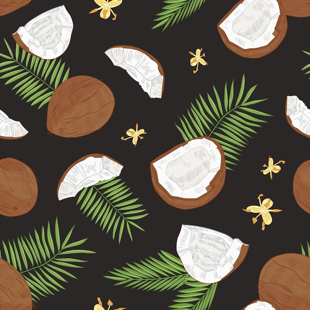 Natural seamless pattern with whole and split coconuts, flowers and exotic palm leaves on black background. Tropical backdrop.