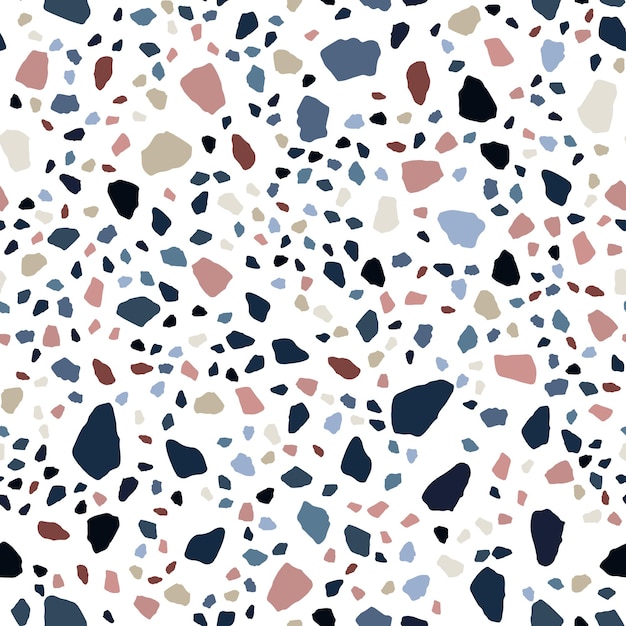 Natural stone, granite, quartz shapes. Terrazzo seamless pattern design. Modern backdrop textured. Marble wallpaper on white background.