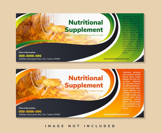 Natural supplement horizontal banner design template with black gradient background.