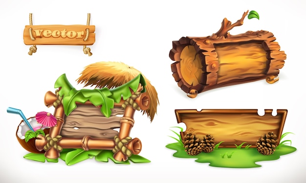 Natural wooden placards set illustration