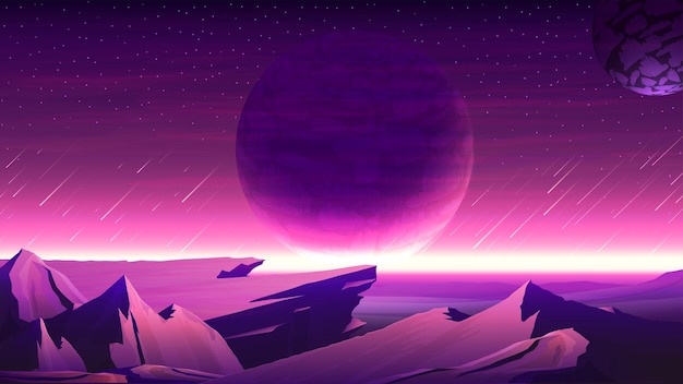 Vector nature on another planet with a huge planet on the horizon mars purple space landscape with large planets on purple starry sky meteors and mountains