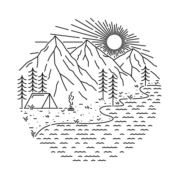 Nature Camping Lake Mountain Line Illustration